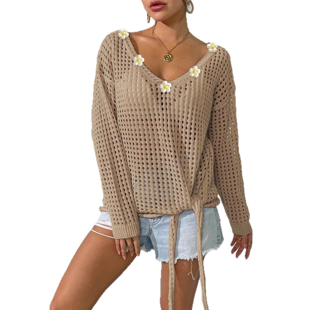 Ladies V-Neck Knit Sweater with Hollow-Out Design Cover-up