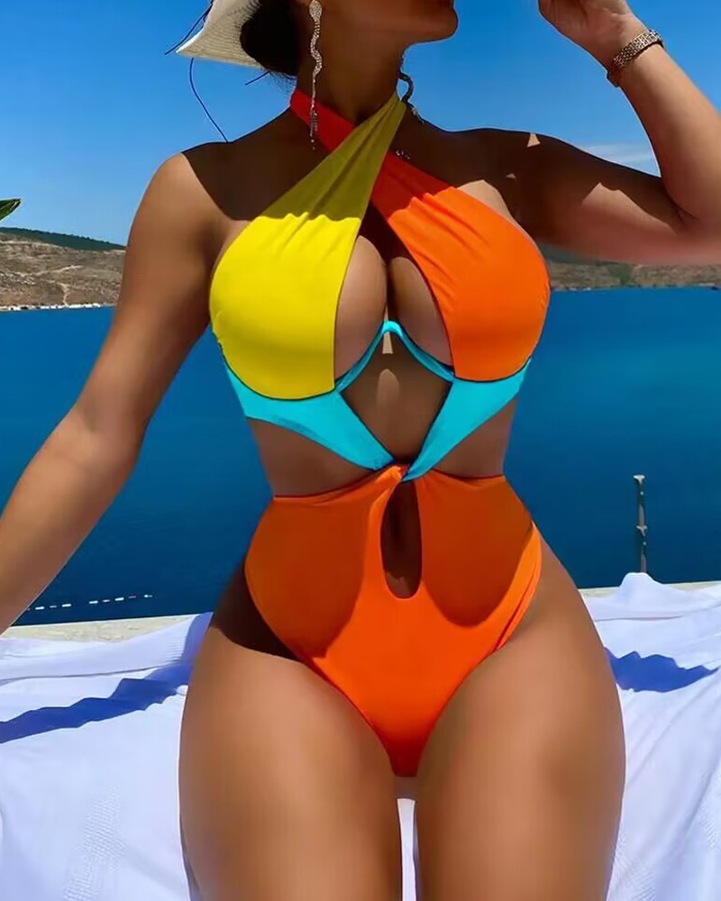 One piece splicing sexy multi-color swimsuit set sexy beach