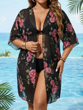 Plus Size Beach Vacation Kimono with Floral Print, Mesh Fabric,Loose Bikini Cover-Up