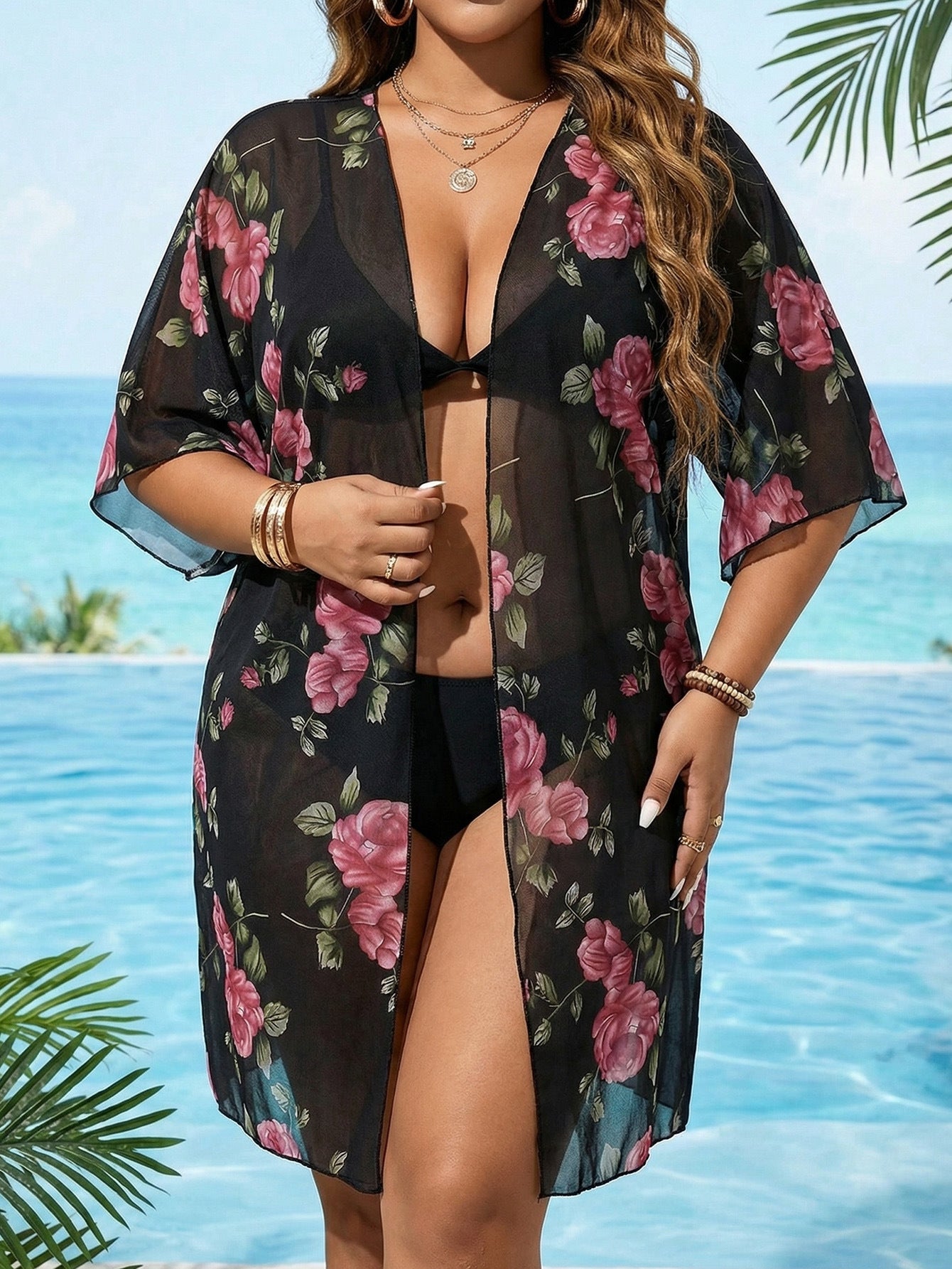 Plus Size Beach Vacation Kimono with Floral Print, Mesh Fabric,Loose Bikini Cover-Up