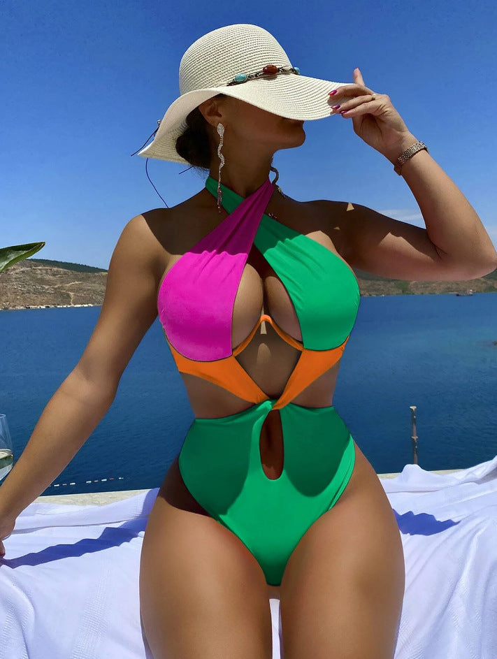 One piece splicing sexy multi-color swimsuit set sexy beach