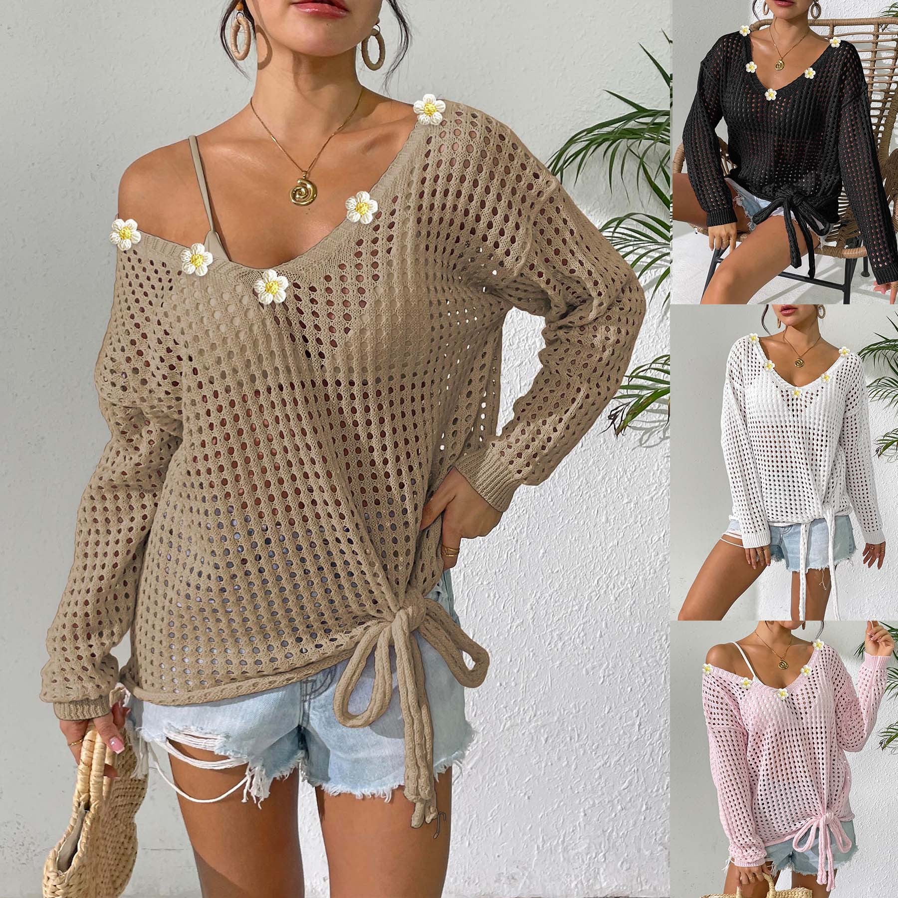 Ladies V-Neck Knit Sweater with Hollow-Out Design Cover-up