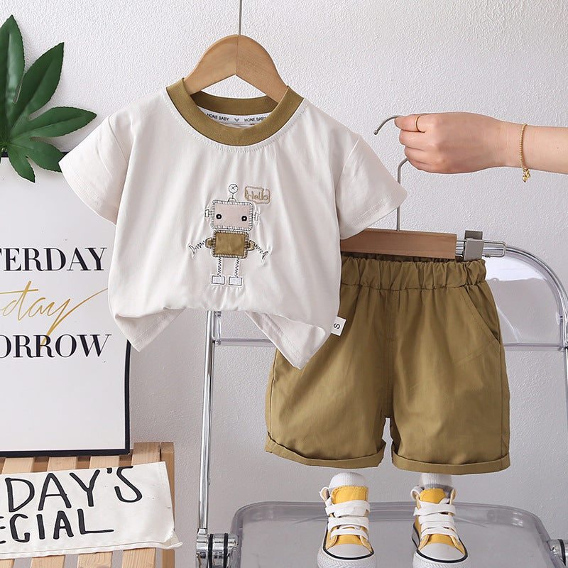 Cartoon robot short sleeved top and shorts set