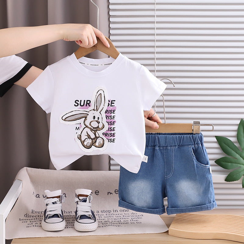 Rabbit print top denim shorts set