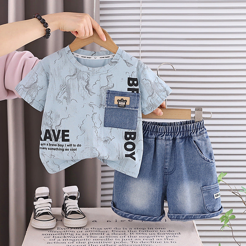 Round neck short sleeved top pocket jeans set