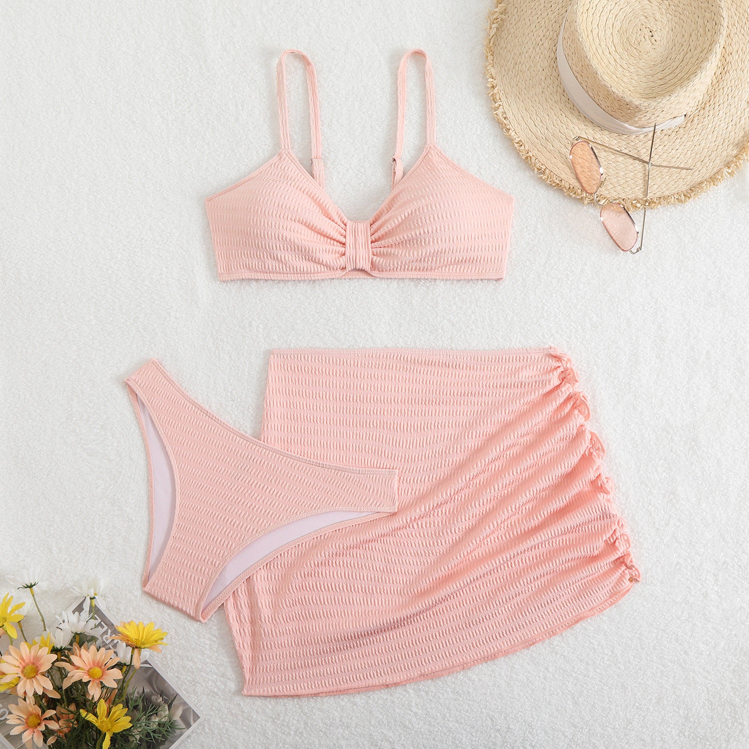 Solid color bikini three piece set