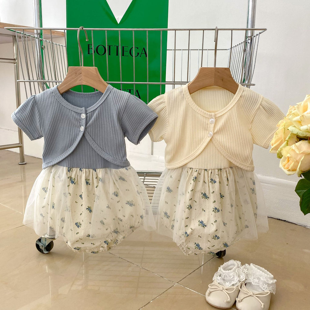 Summer Baby Girl Floral Strap Romper Dress Lightweight Mesh Onesie Bodysuit + Detachable Small Jacket