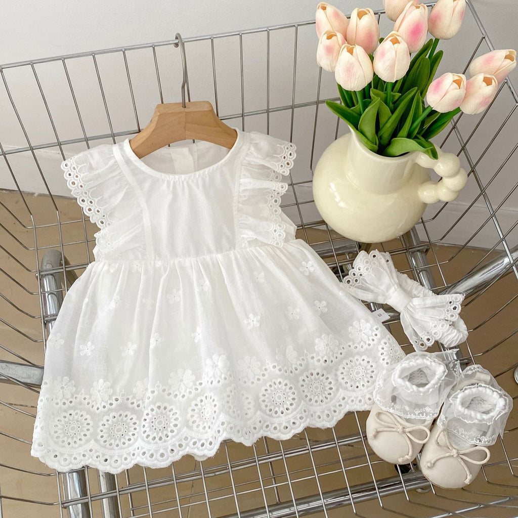 Cute Flutter Sleeve Baby Romper Dress for Girls, Summer Forest Style Infant Onesie with Hairband Included