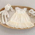 Girls' Summer Fresh Floral Print Sleeveless Dress with Lace Collar, Princess Style Ruffled Bodysuit Dress