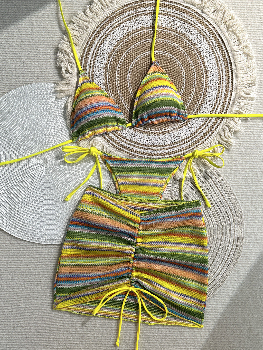 Knitted three piece swimsuit women's striped bikini