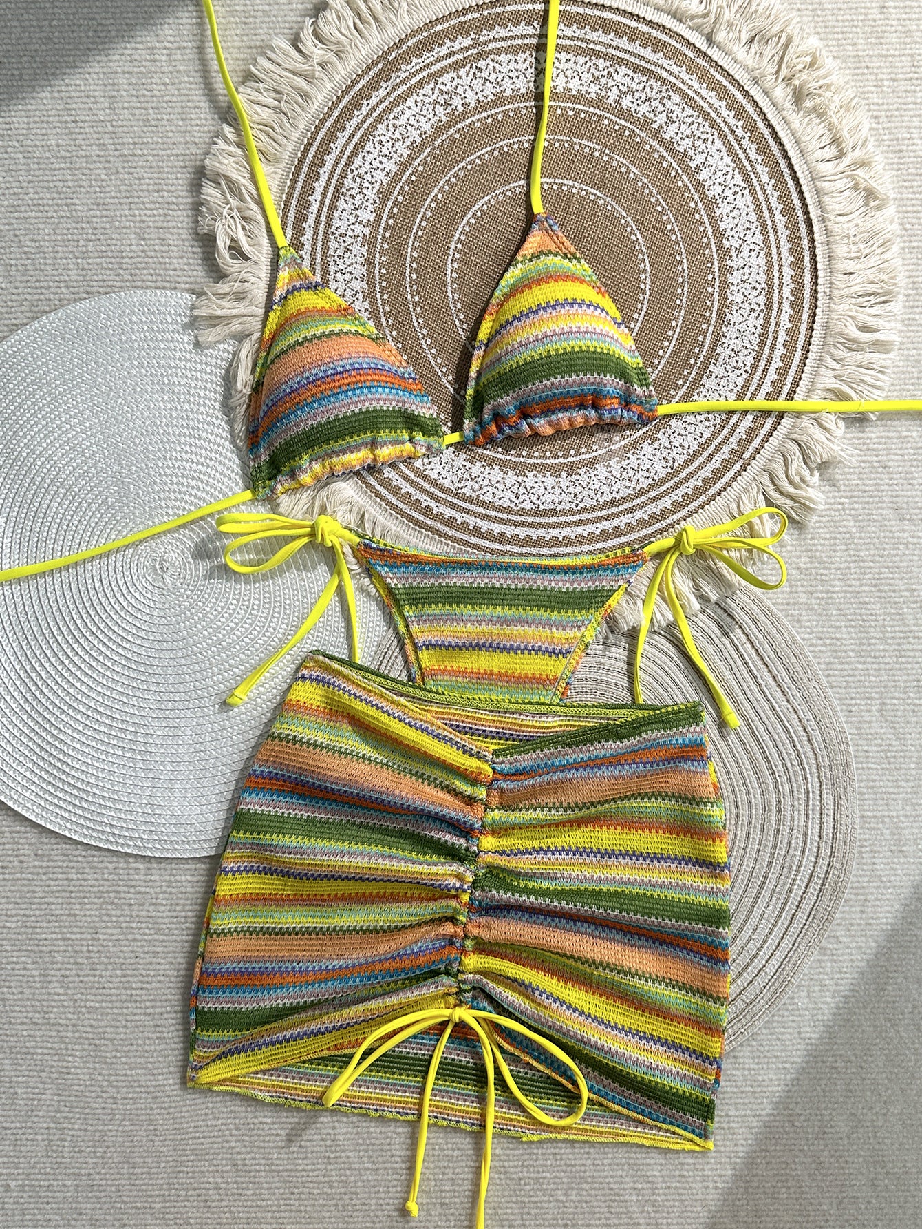Knitted three piece swimsuit women's striped bikini