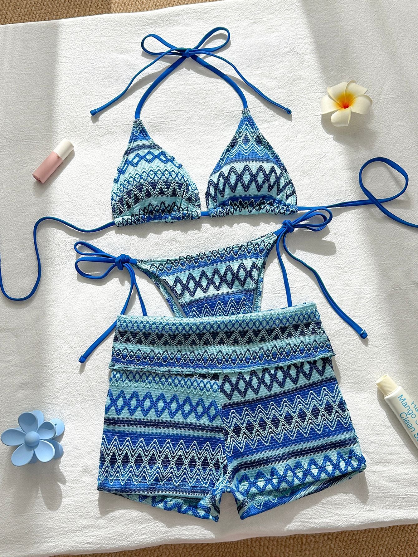 Knitted three piece swimsuit women's neck hanging colorful bikini swimsuit
