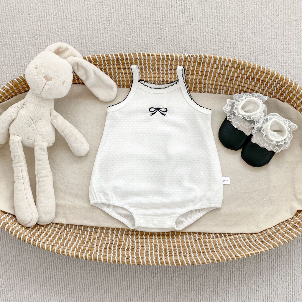 Simple Butterfly Knot Baby Romper for Girls, Breathable Summer Infant Onesie with Strap Design