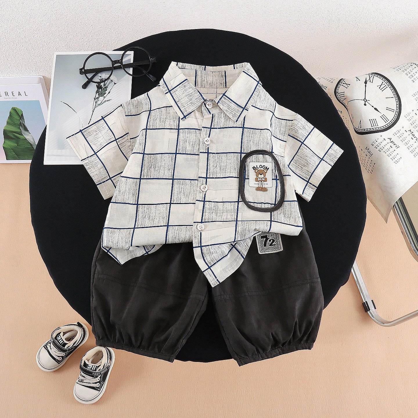 Short sleeved pocket striped top short sleeved set