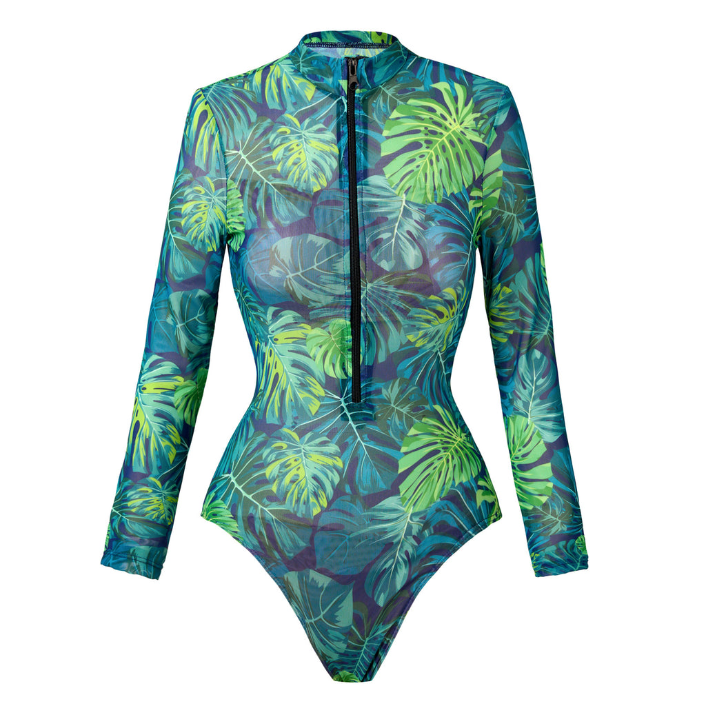 Tropical Print One-Piece Smart Swimsuit Women Zipper Sport Sun Protection Quick Dry Swimsuit