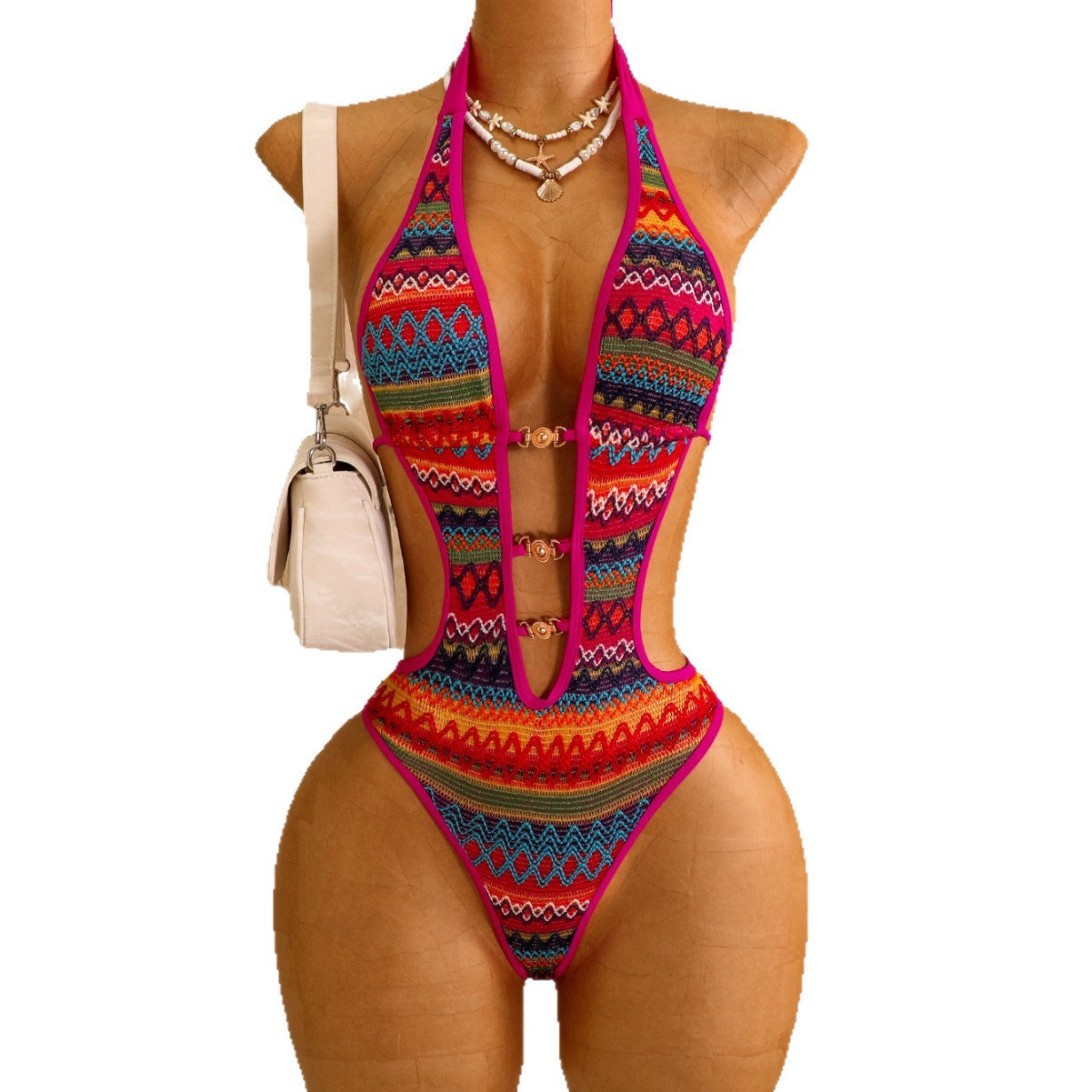 Colorful knitted one-piece swimsuit women's hollow strap bikini swimsuit