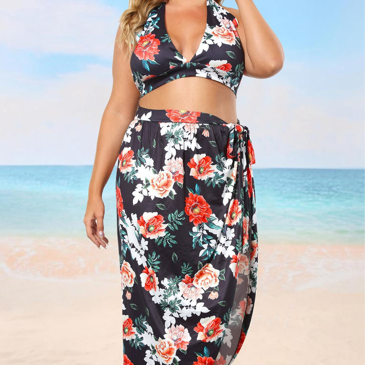 Women's Beach Set, Plus Size Women's Floral Print Tie-one-piece Two-piece Set