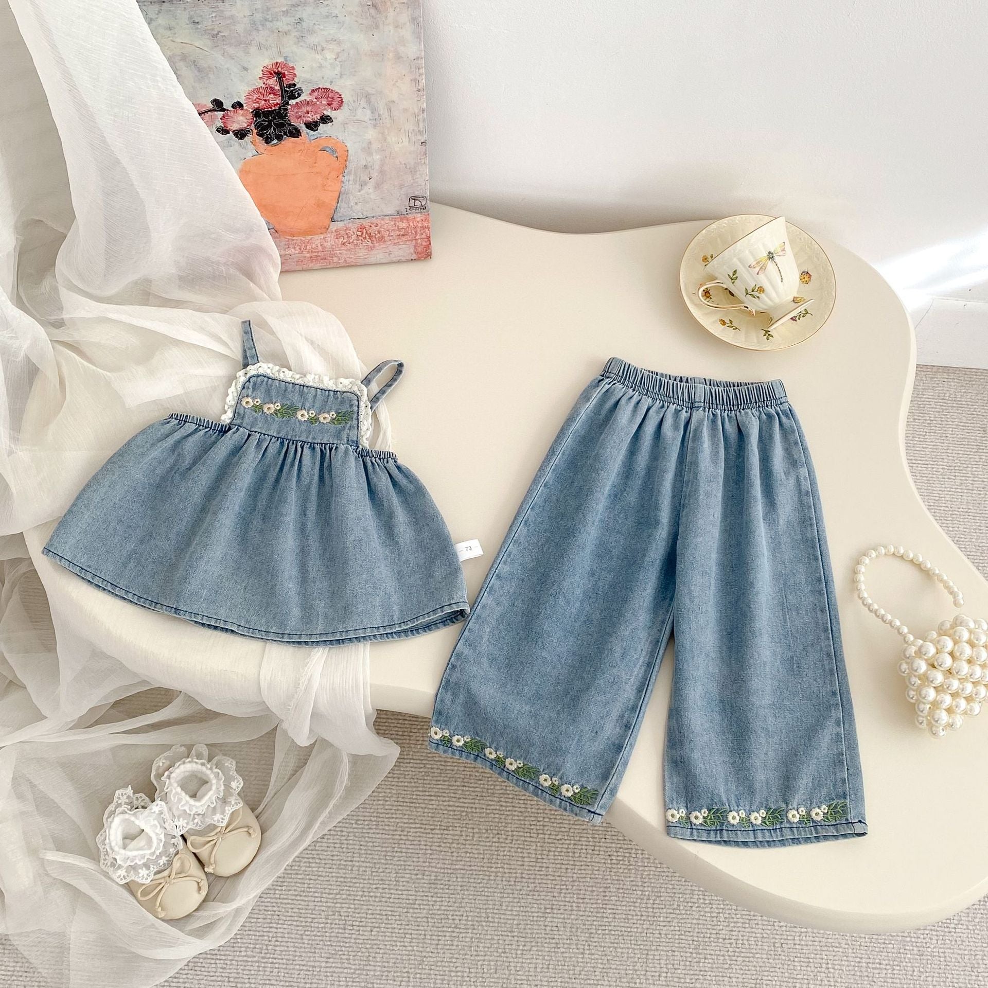 Cute Floral Embroidered Strap Top + Straight Leg Wide Leg Pants Two-Piece Set for Girls Summer Fashion Denim Outfit