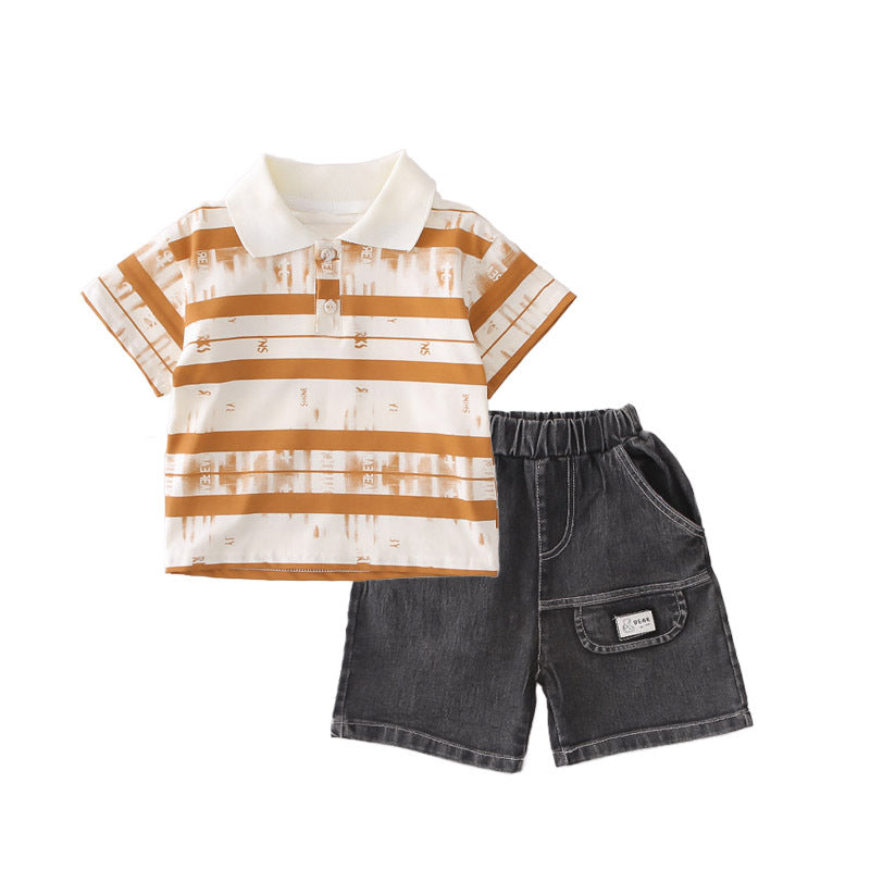 Short sleeved striped collar top shorts set