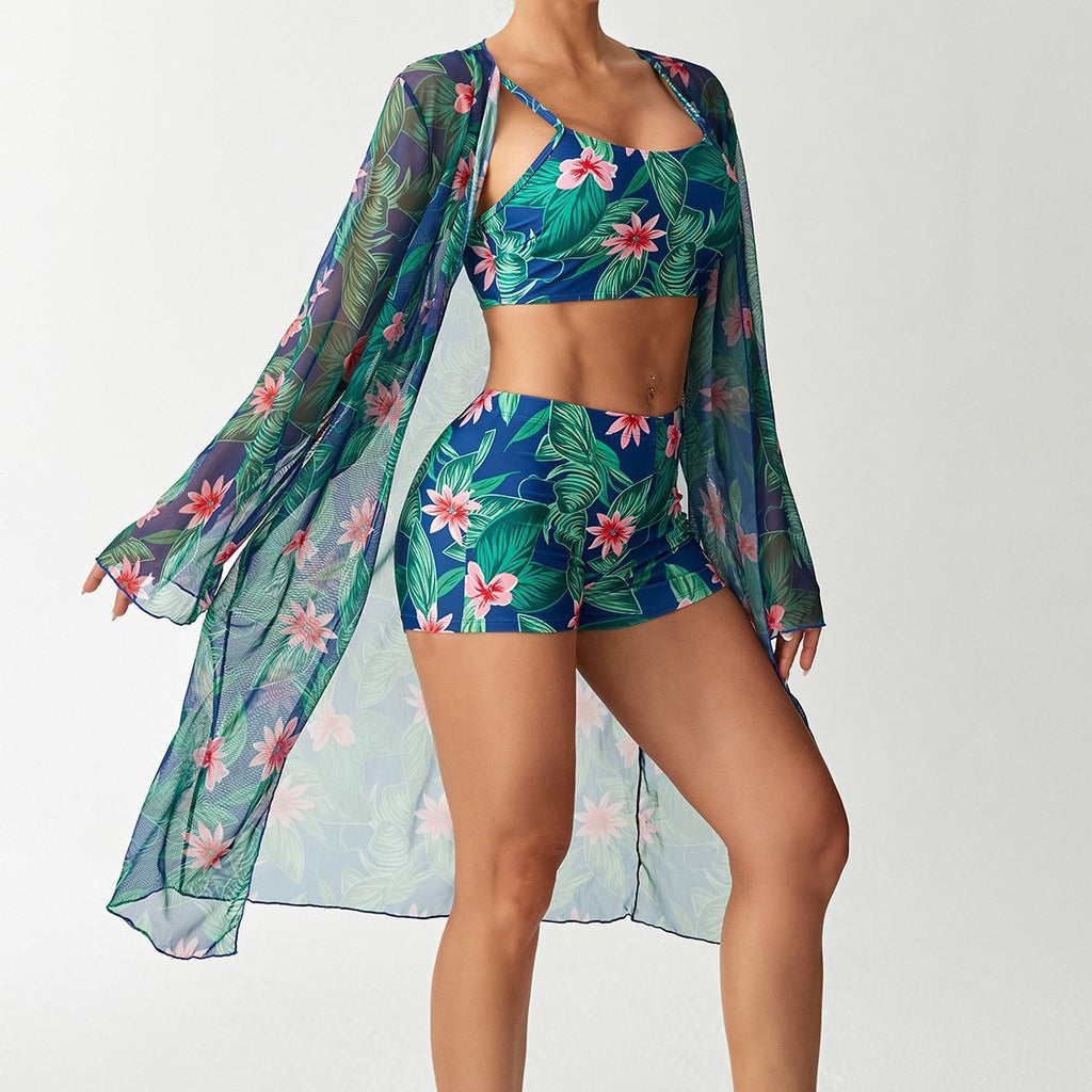 Long Sleeve Outfit Set with Digital Print Bikini Bottoms, Three-Piece Swimwear