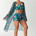 Long Sleeve Outfit Set with Digital Print Bikini Bottoms, Three-Piece Swimwear