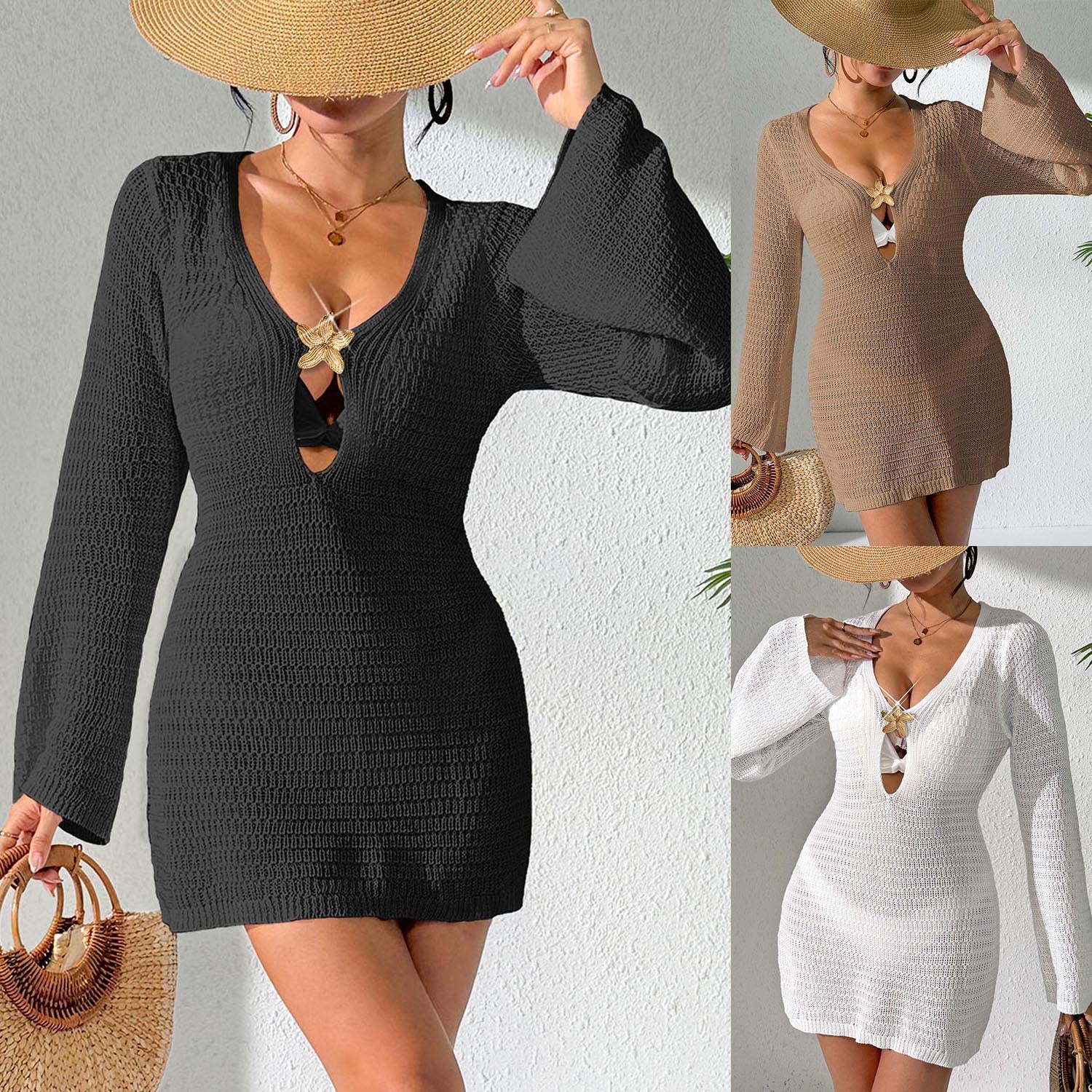 Sexy Deep V Cut-Out Flared Sleeve Beach Cover-Up Bikini Outerwear