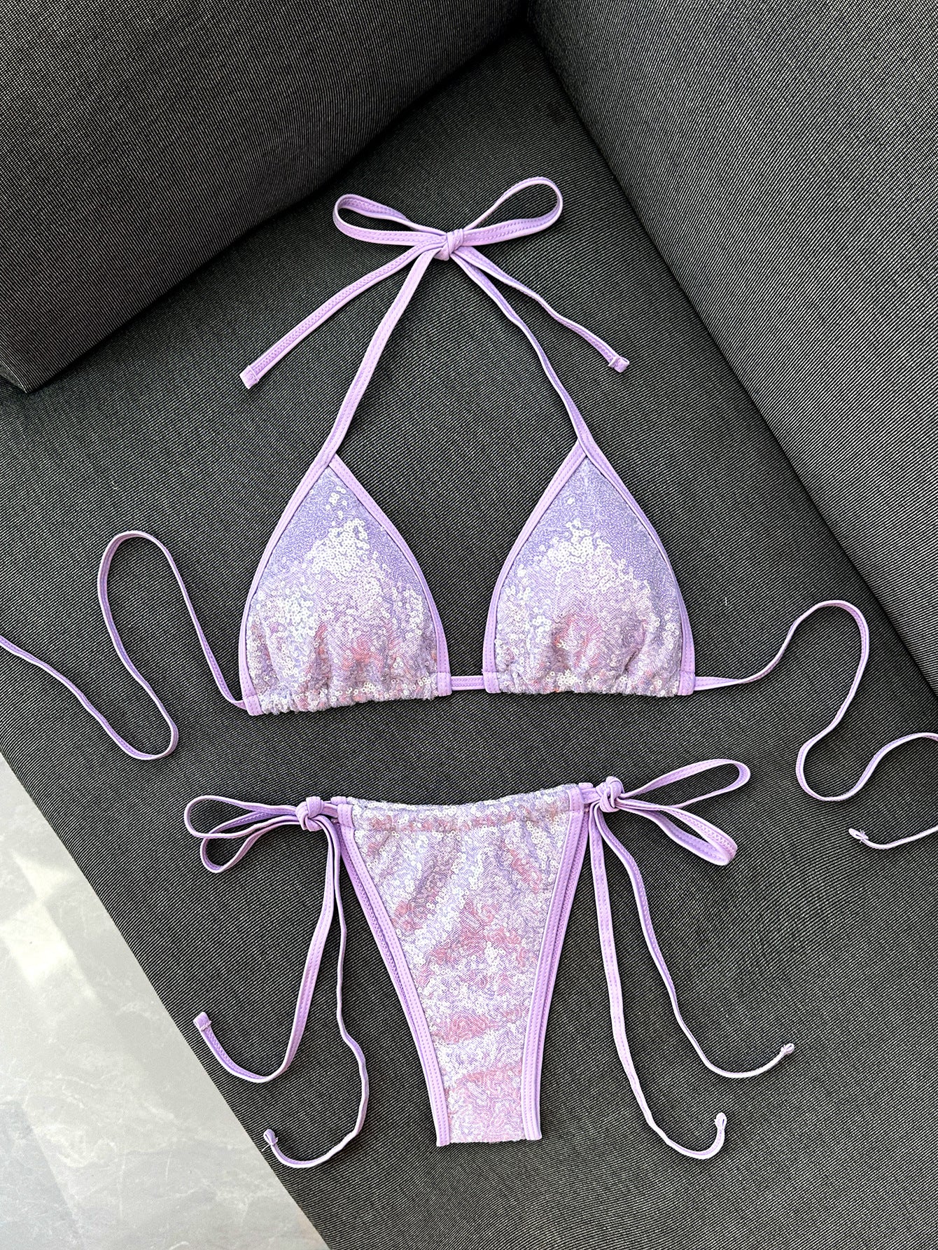 Blue sequined bikini women's triangular cup hanging neck strap sexy swimsuit set