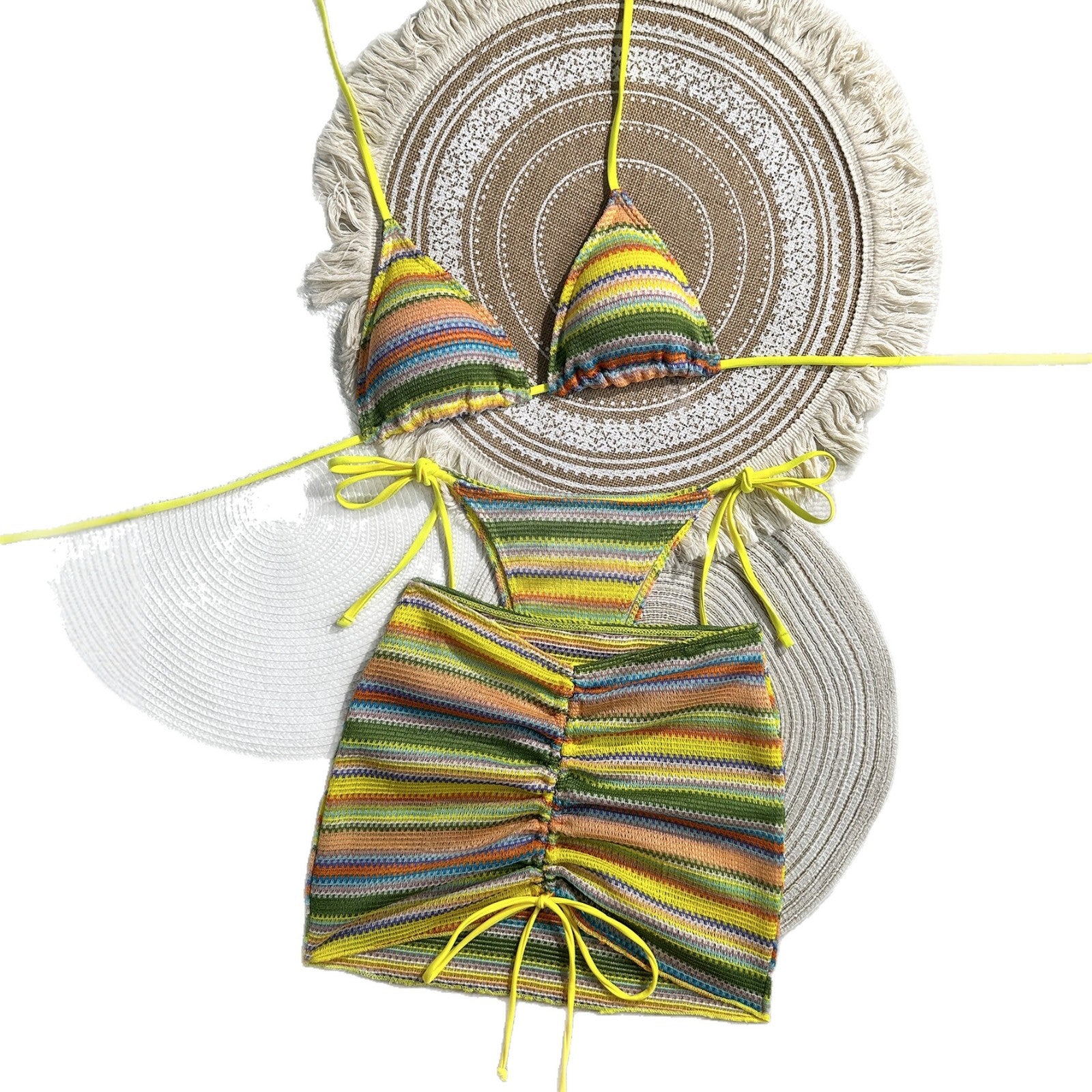 Knitted three piece swimsuit women's striped bikini