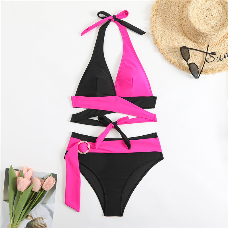 Color blocked deep V-strap colorful bikini