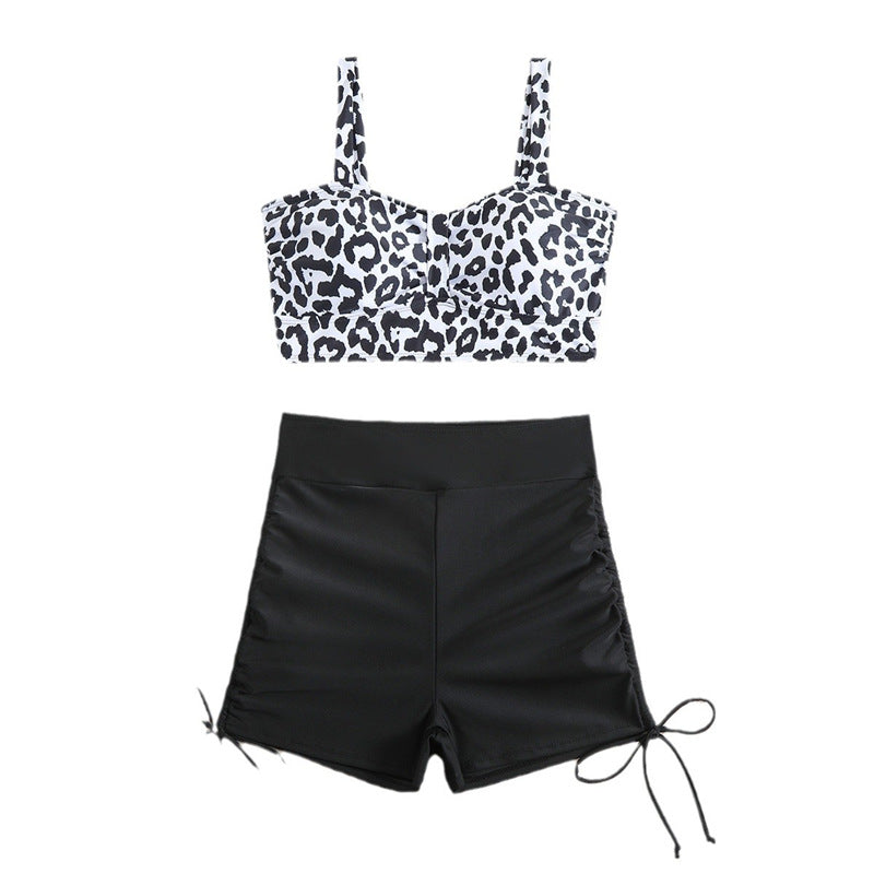 Leopard stripe drawstring high waist flat angle bikini