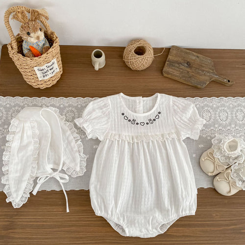 Baby Summer Thin Short Sleeve Triangular Romper for Girls with Cute Rabbit Embroidery