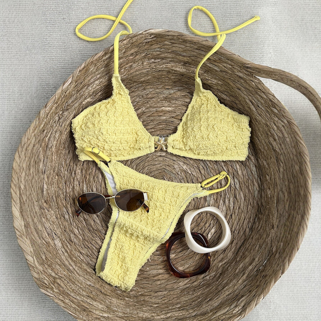 Yellow pleated bikini women's triangular cup swimsuit