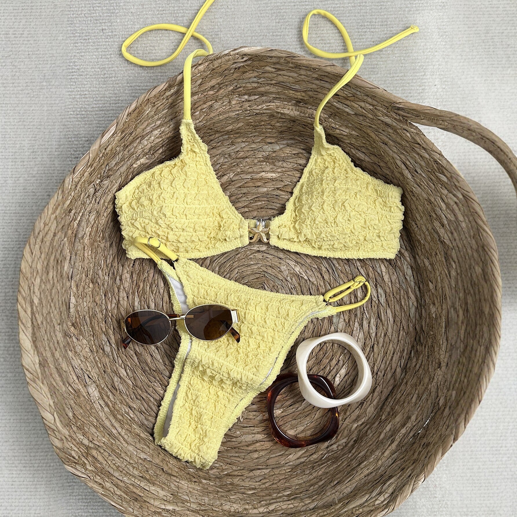 Yellow pleated bikini women's triangular cup swimsuit