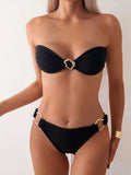 Solid color metal decoration two-piece swimsuit set