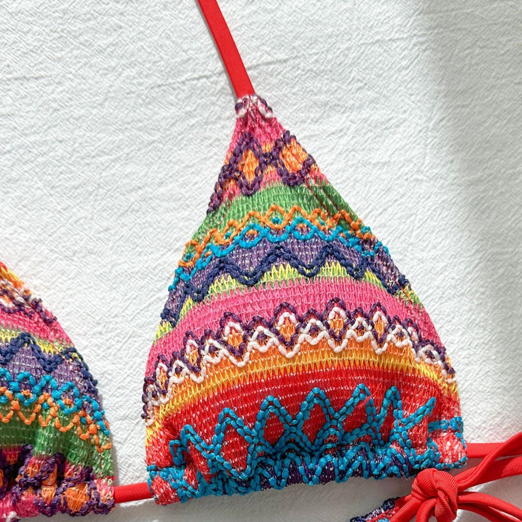 Knitted three piece swimsuit women's neck hanging colorful bikini swimsuit