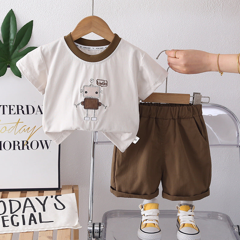 Cartoon robot short sleeved top and shorts set