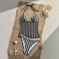 Black and white striped shell decoration hanging neck bikini swimsuit for women