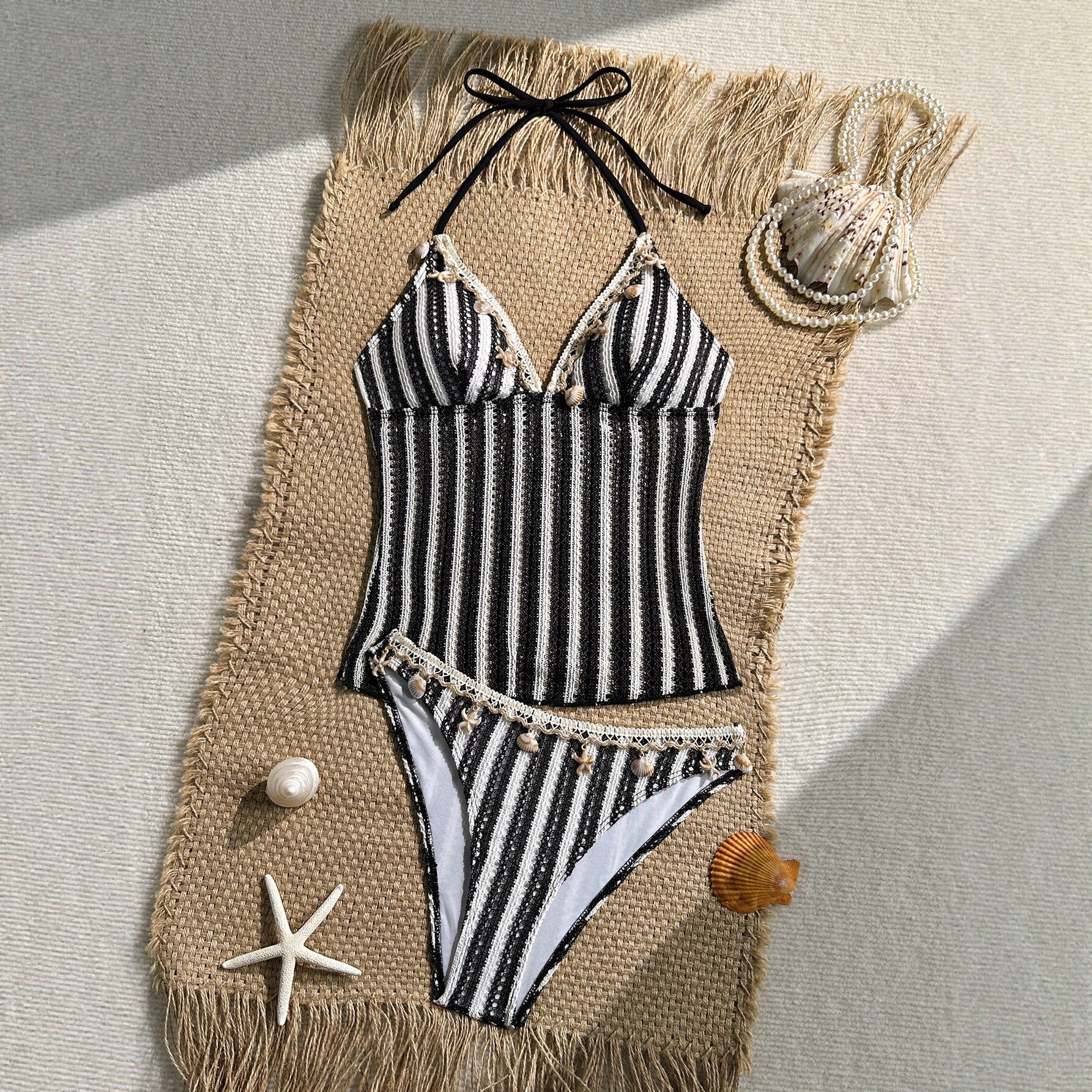 Black and white striped shell decoration hanging neck bikini swimsuit for women