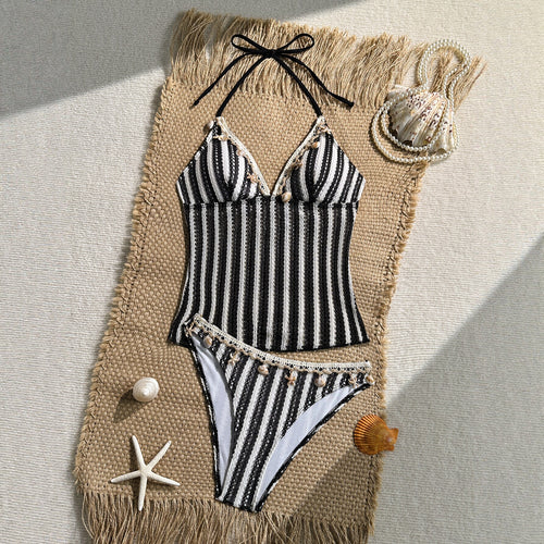 Black and white striped shell decoration hanging neck bikini swimsuit for women