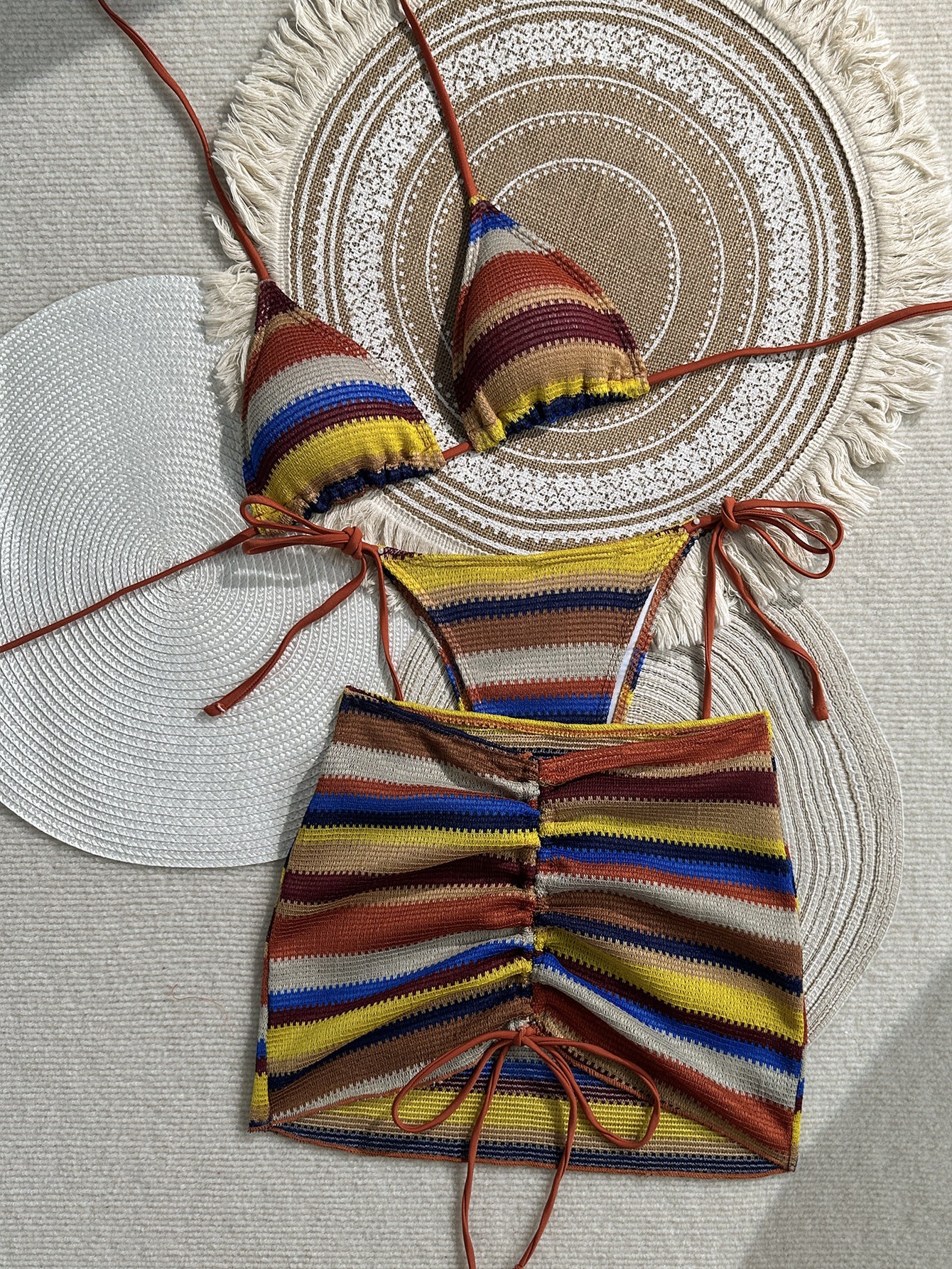 Knitted three piece swimsuit women's striped bikini