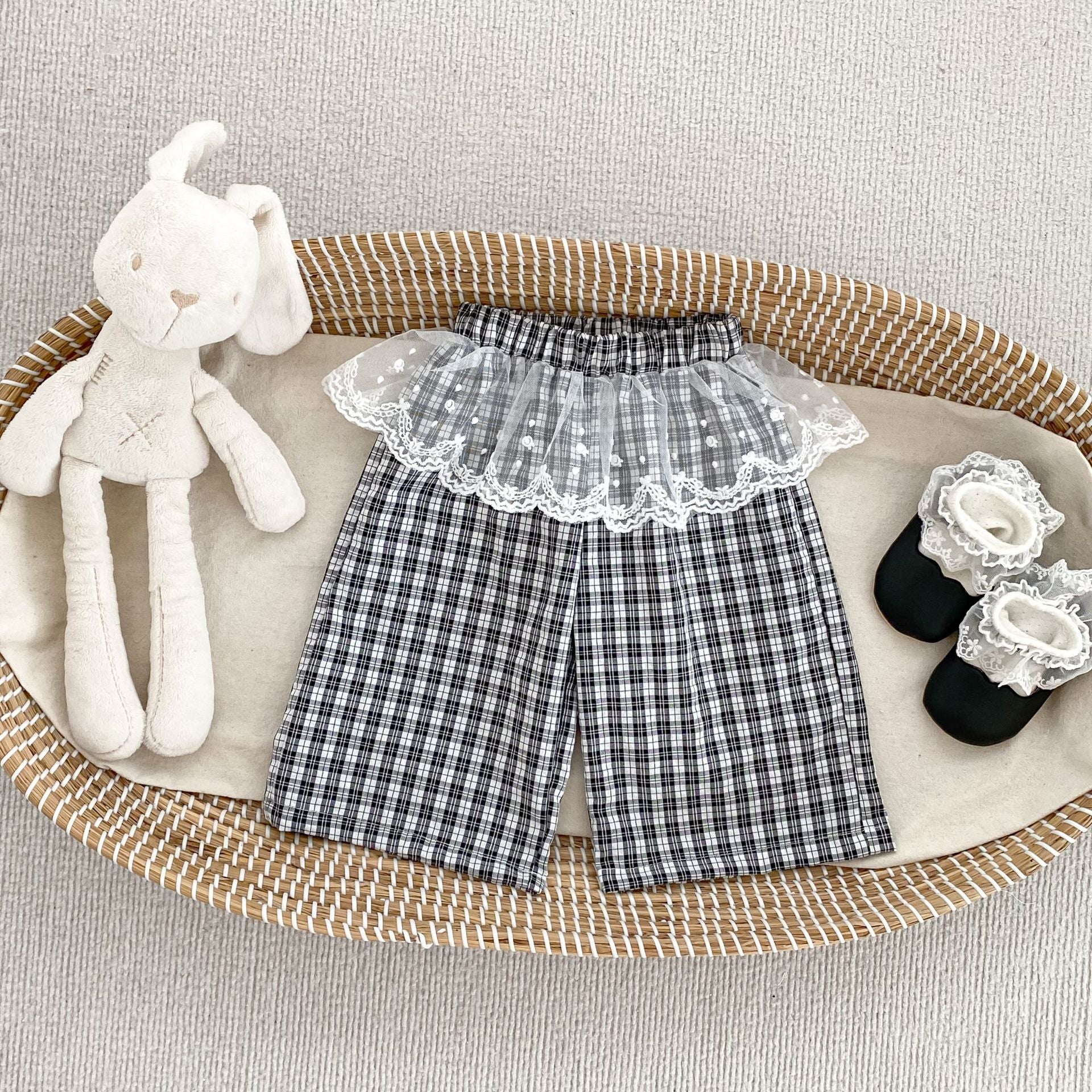 Girls' Summer Lightweight Breathable Wide-Leg Pants with Lace Trim, Three-Color Plaid, Bow Detail, Versatile 9/10th Length Trousers