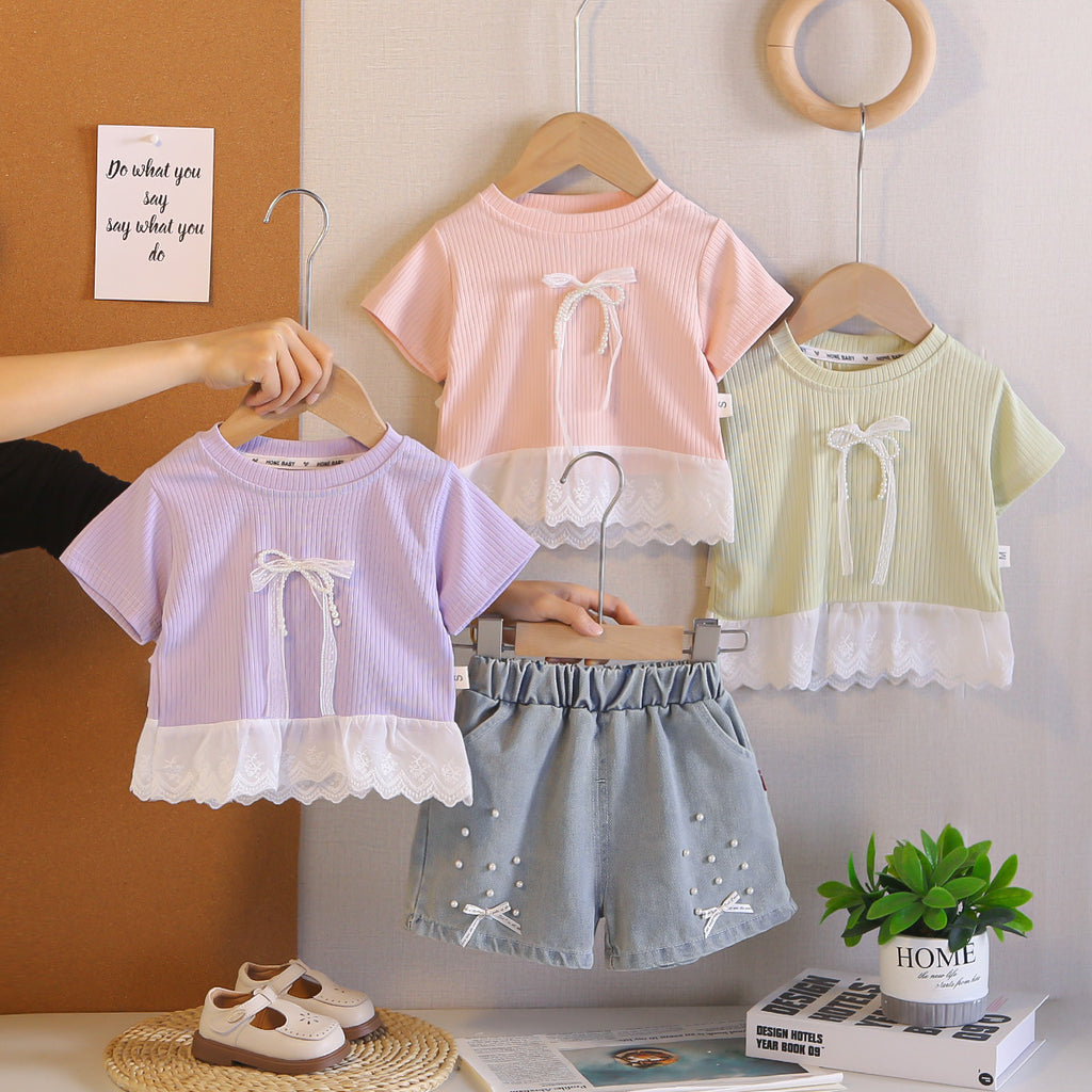 Round neck lace short sleeved bow top shorts set