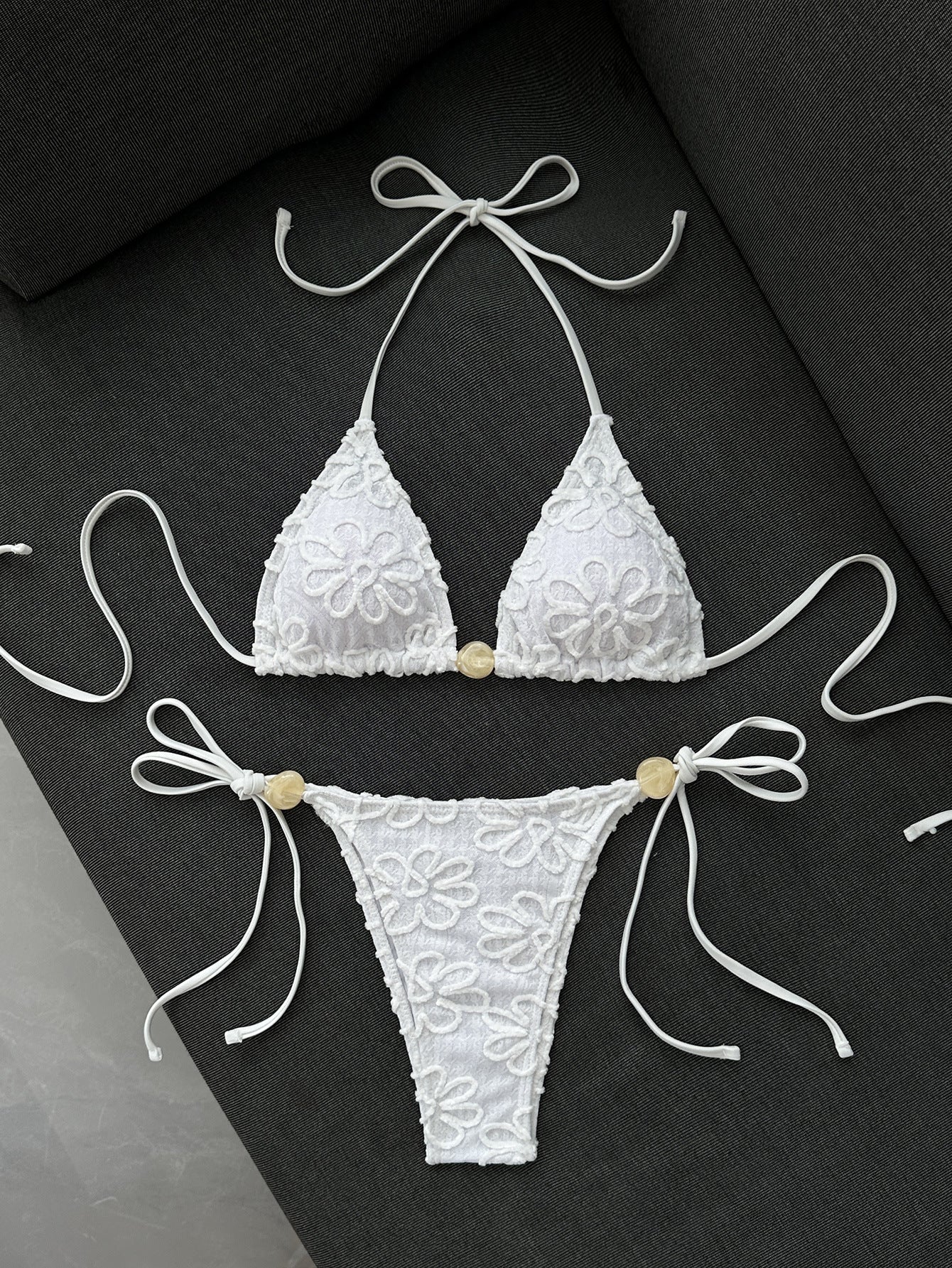 Pink lace bikini women's triangular cup neck strap swimsuit