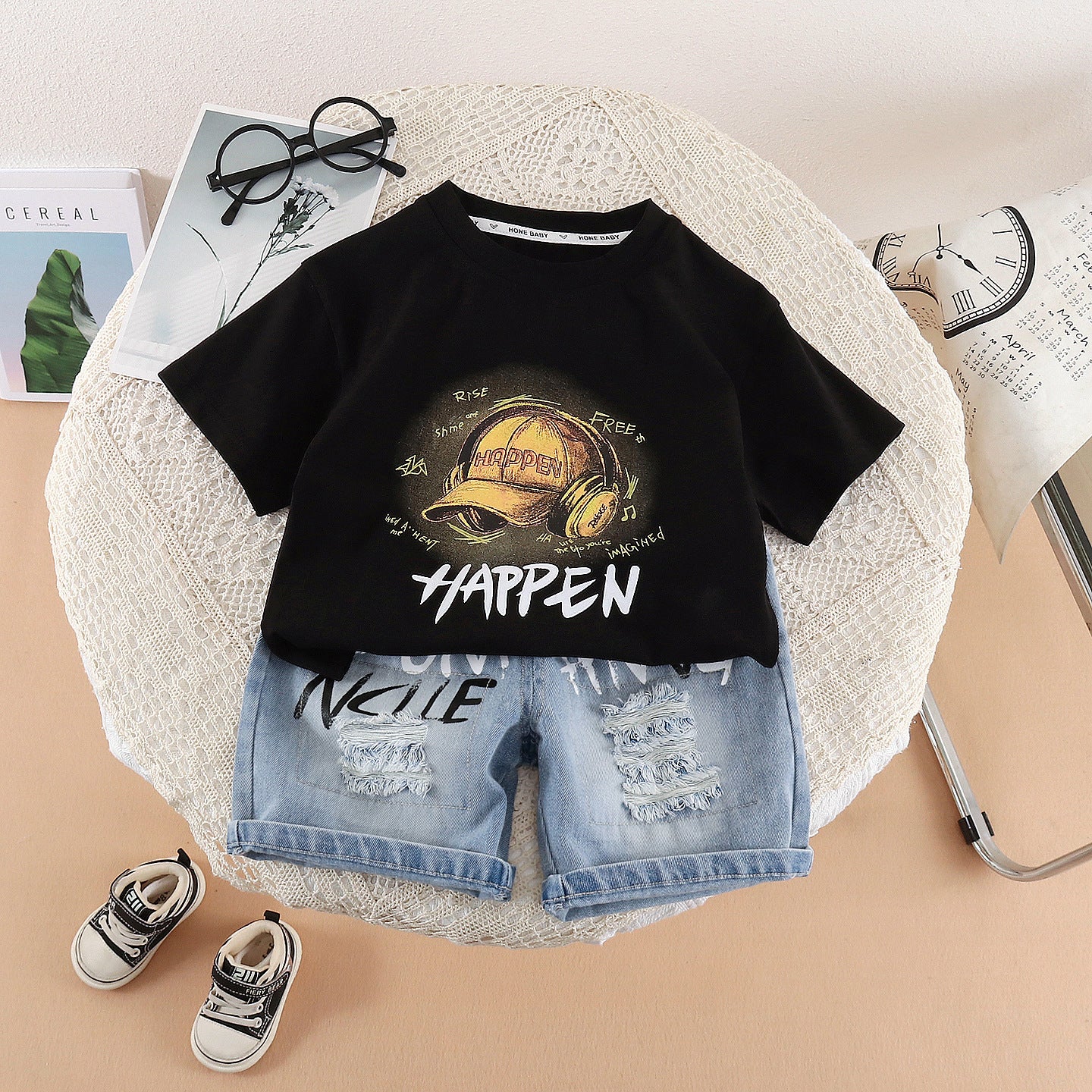 Round neck short sleeved top denim suit