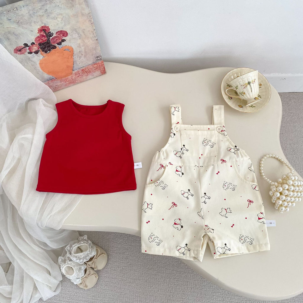 Cute Cartoon Dog Print Overalls Shorts  Solid Color Sleeveless Top Set for Girls Summer Outfit