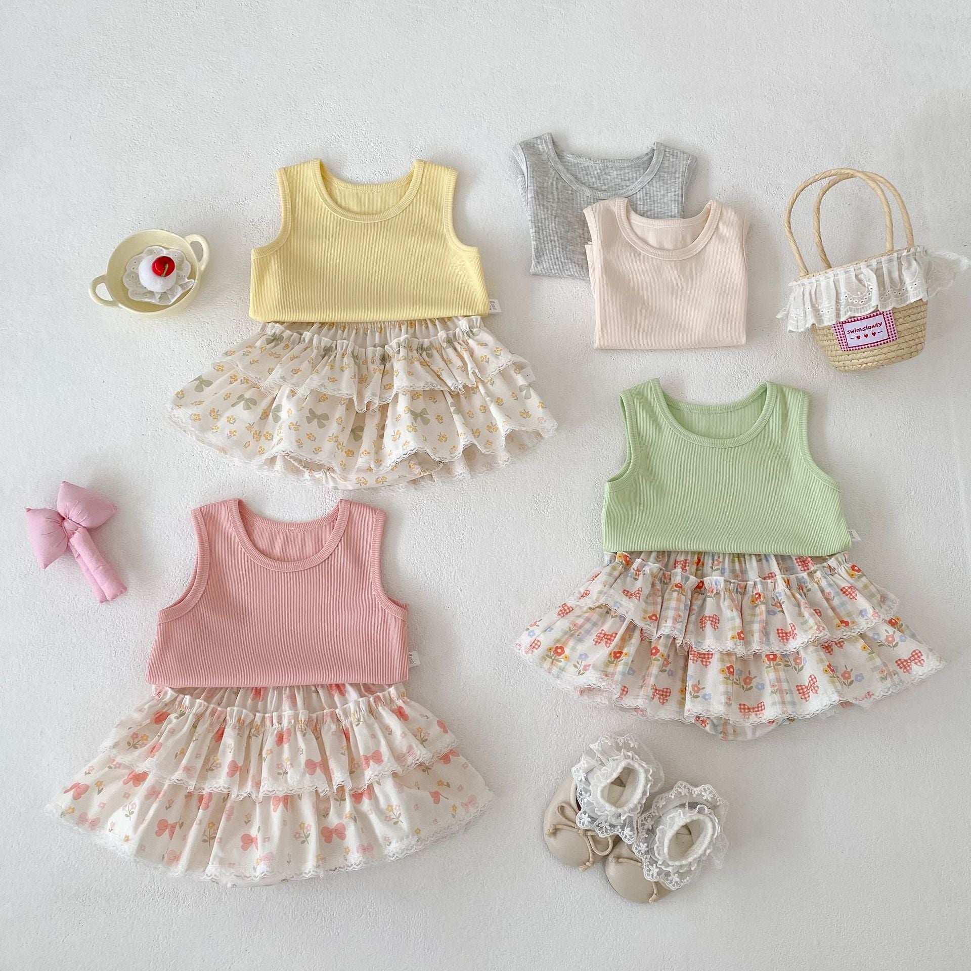 Cute Girls Summer Outfit Set Fashion Floral Cake Dress Sleeveless Top Two-Piece Set