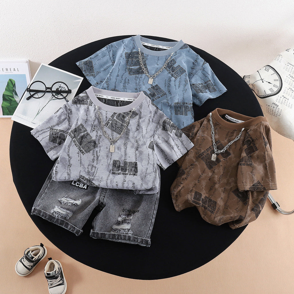 Round neck hanging chain short sleeved top and shorts set