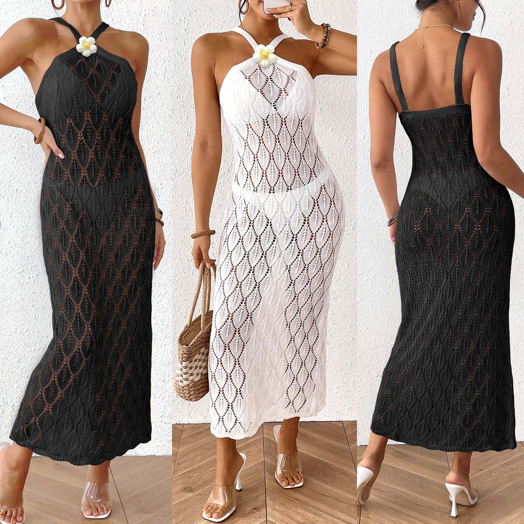 Ladies Beach Dress Women's Sexy Backless Hollow Dress Bikini Cover-Up
