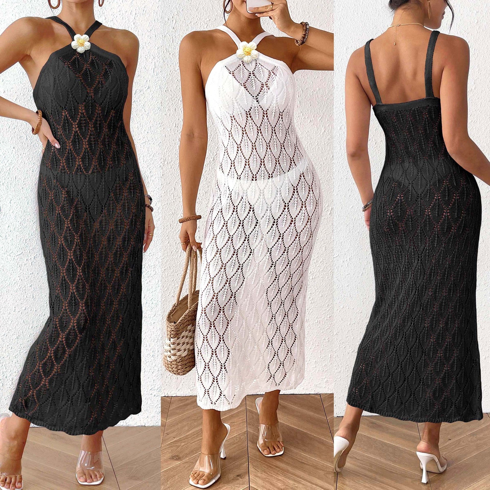 Ladies Beach Dress Women's Sexy Backless Hollow Dress Bikini Cover-Up