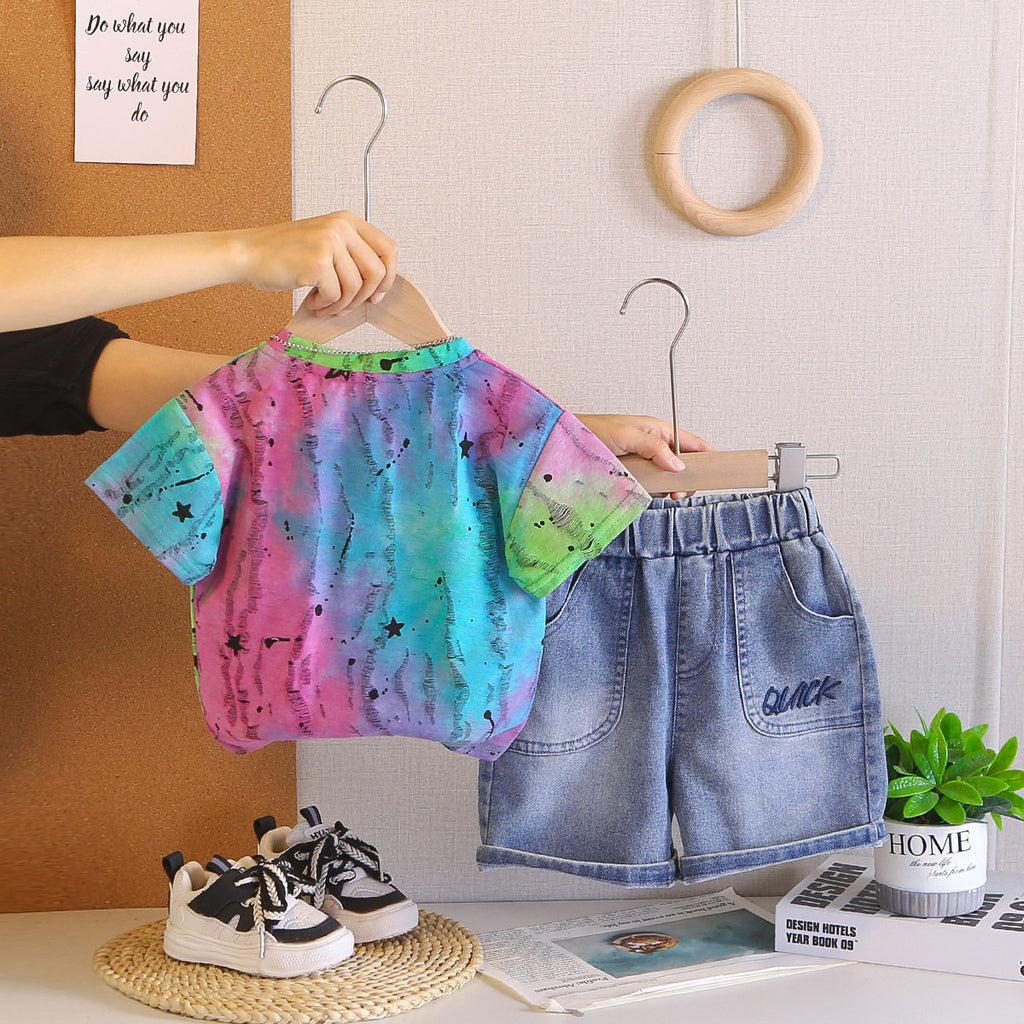 Short sleeved ripped tie dye round neck top and shorts set